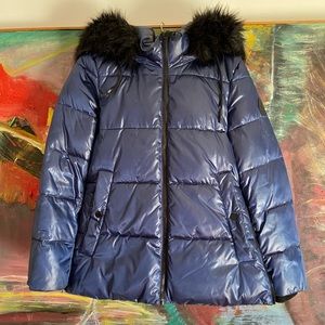 DKNY Metallic Blue Hooded Puffer Jacket